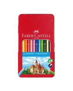 Комплект цветни моливи Faber-Castell - Замък, 12 броя, в метална кутия