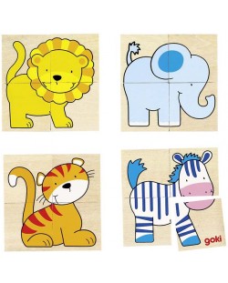 Дървена игра Goki - Каремо, със зебра, хипопотам, слон, тигър и лъв