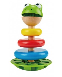 Дървена играчка за подреждане Hape - Жабка, с рингове и дрънкалка
