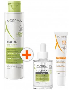 A-Derma Biology & Protect Комплект - Мицеларна вода, Серум и Флуид, SPF50+, 200 + 30 + 40 ml