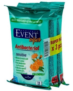Антибактериални мокри кърпички Event - Невен, 3 x 15 броя