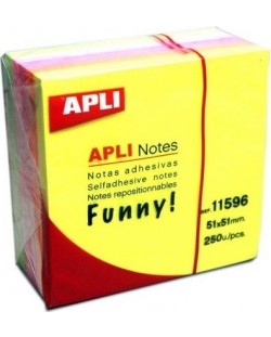 Кубче самозалепващи листчета APLI - 5 неонови цвята, 51 х 51 mm, 250 броя