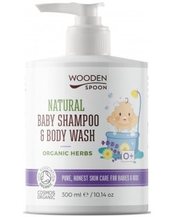 Бебешки натурален шампоан за коса и тяло Wooden Spoon - Organic Herbs, 300 ml