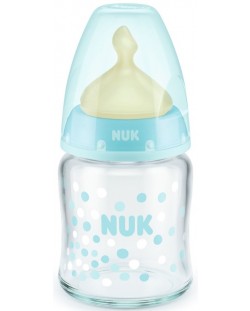 Стъклено шише Nuk First Choice - Синьо, каучук, 120 ml