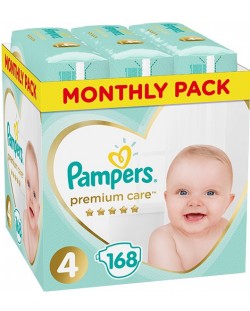Бебешки пелени Pampers Premium Care - Размер 4, 9-14 kg, 168 броя