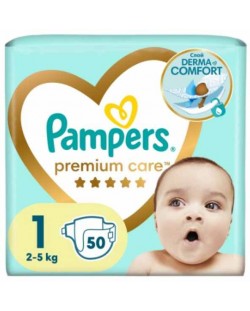 Бебешки пелени Pampers Premium Care - Размер 1, 2-5 kg, 50 броя