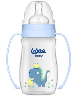 Бебешко шише с дръжки Wee Baby Classic Plus, 250 ml, синьо с динозавър