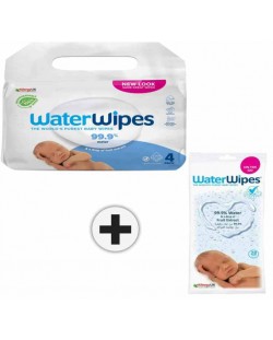 Бебешки кърпички Water Wipes Baby - Куатро, 4 х 60 броя + мокри кърпички, 28 броя