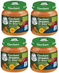 Био плодово пюре Nestlе Gerber Organic - Ябълка, кайсия и праскова, 4 х 125 g