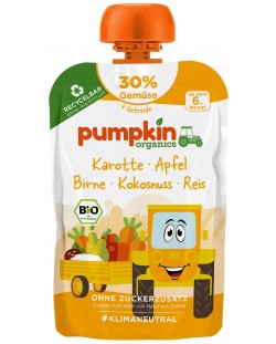 Био пюре Pumpkin Organics - Пауч с морков, ябълка, круша, кокос и ориз, 100 g