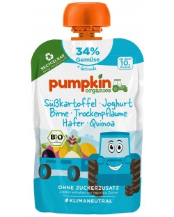 Био пюре Pumpkin Organics - Пауч със сладък картоф, йогурт, сливи и овесени ядки, 100 g