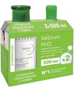 Bioderma Sébium Комплект - Мицеларна вода H2O, с помпа, 2 x 500 ml