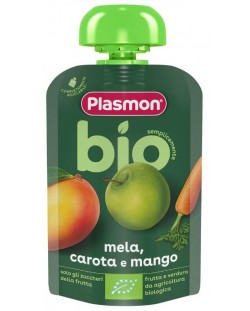 Био плодова закуска Plasmon - Пауч с ябълка морков и манго, 6 м+, 100 g