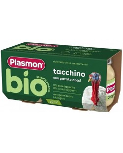 Био пюре Plasmon - Пуешко със сладки картофи , 6 м+, 2 х 80 g