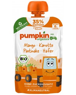 Био пюре Pumpkin Organics - Пауч с овесени ядки, манго и морков, 100 g