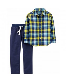 Carter's Комплект риза и панталон 5-8 год. Синьо-жълто каре