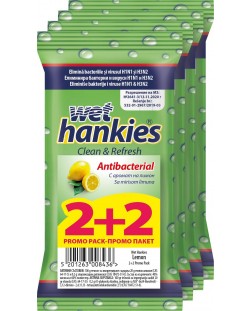 Clean & Refresh Антибактериални мокри кърпи, лимон, 4 х 15 броя, Wet Hankies