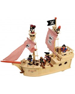 Дървена играчка Bigjigs -  Пиратският кораб Парагон, с екипаж