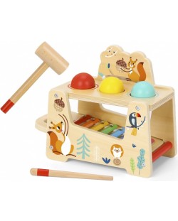 Дървена играчка Tooky Toy - Ксилофон с топки и чукче, Горски свят