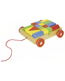 Дървена играчка за дърпане Goki - Количка с конструктор