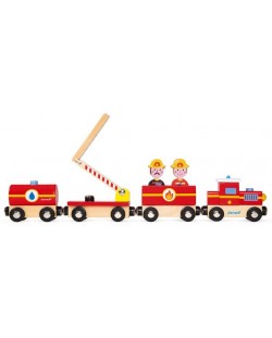 Дървена магнитна играчка Janod - Влак, пожарна команда