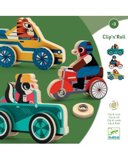 Дървена играчка Djeco Clipacar - Животни с автомобили