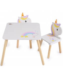 Дървен сет Moni Toys - Маса с два стола, unicorn