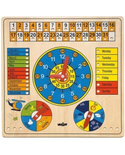 Дървен календар с часовник Woody - Животни, на английски език