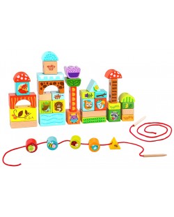 Детски комплект за низане Tooky Toy - Дървени кубчета