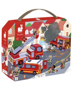 Детски пъзел в куфар Janod - Пожарникари, 24 части