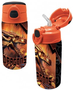 Детска бутилка от неръждаема стомана Graffiti Dragons - Оранжева, със сламка, 500 ml