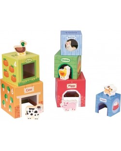 Детски комплект Lelin Toys - Картонени кубчета с дървени животни