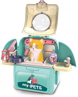 Детска играчка 2 в 1 Ocie - Салон за домашен любимец в раница, син, с коте