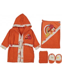 Детски комплект за баня Miniworld - Халат и хавлия, ябълка, оранжев