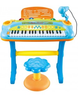 Детско пиано със стол и микрофон My Piano, 37 клавиша, синьо