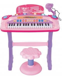 Детско пиано със стол и микрофон My Piano, 37 клавиша, розово