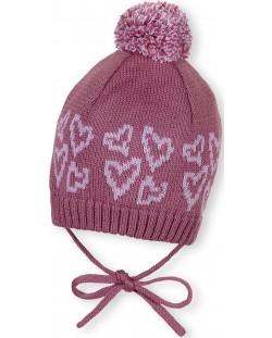 Детска зимна шапка с пискюл Sterntaler - На сърца, 41 cm, 4-5 месеца, розова