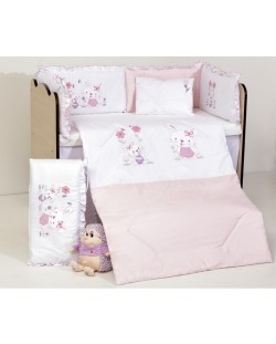 Спален комплект с бродерия Dizain Baby - Розови зайчета, 5 части, 60 х 120 cm