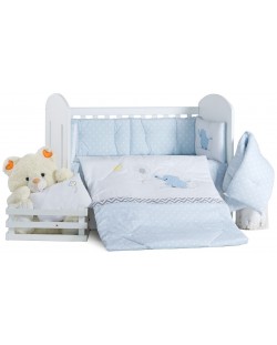 Спален комплект с балдахин Dizain Baby - Слонче, син, 6 части, 60 х 120