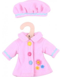 Дреха за кукла Bigjigs - Розово палто с шапка, 25 cm