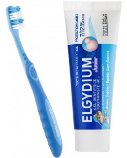 Elgydium Junior Комплект - Паста за зъби, дъвка, 50 ml + Детска четка за зъби, Soft