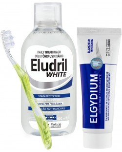  Elgydium & Eludril Комплект - Избелваща паста и Вода за уста, 50 + 500 ml + Четка за зъби, Souple Soft