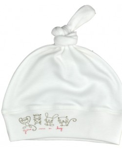 Бебешка шапка с възел  щFor Babies- Give me a hug, червен надпис