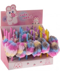 Химикалка с играчка Cute Rabbit - Сърце, с плюшен помпон, асортимент