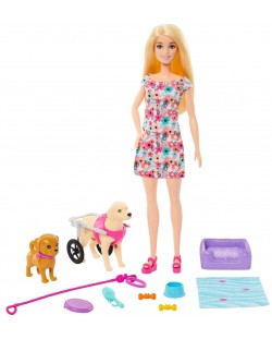 Игрален комплект Barbie - Барби с кученца и куче в инвалидна количка