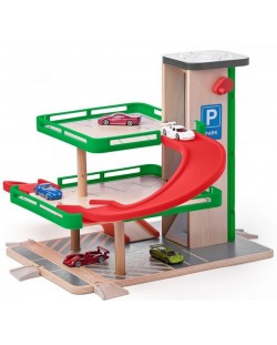 Игрален комплект Woody - Дървен гараж с метални колички 