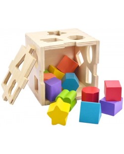 Игрален комплект Acool Toy - Дървен куб сортер с геометрични фигури