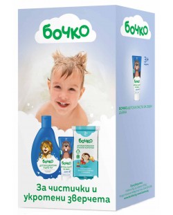 Комплект за момче Бочко - Шампоан и душ гел 2 в 1, Антибактериални кърпи и паста за зъби