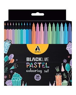 Комплект за оцветяване Adel BlackLine - 10 молива и 10 флумастера, пастел