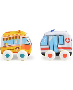 Комплект меки играчки Huanger - Инерционни коли, линейка и павилион 